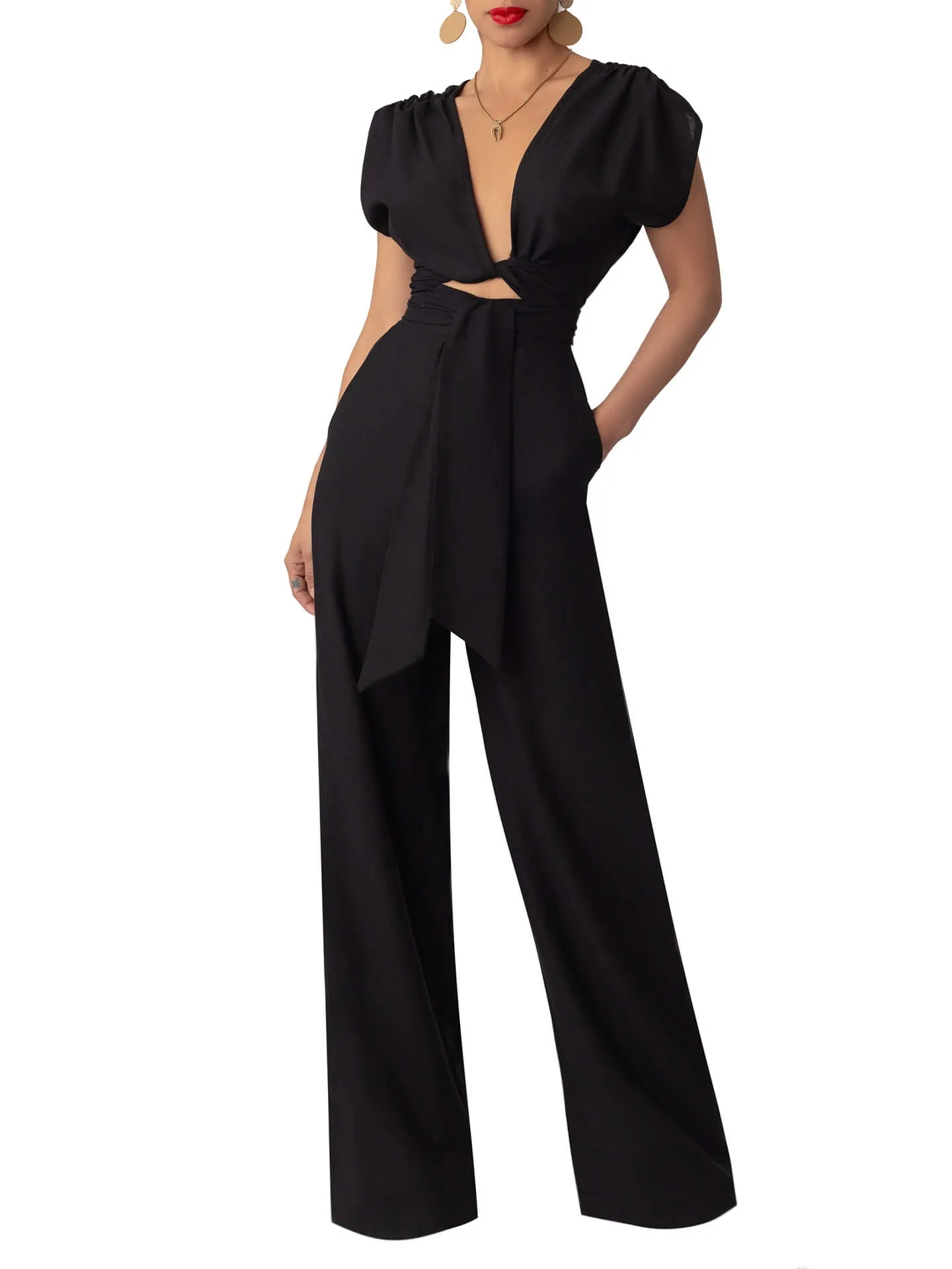 “Bọ́sẹ̀” Black Front Tie Linen Jumpsuit