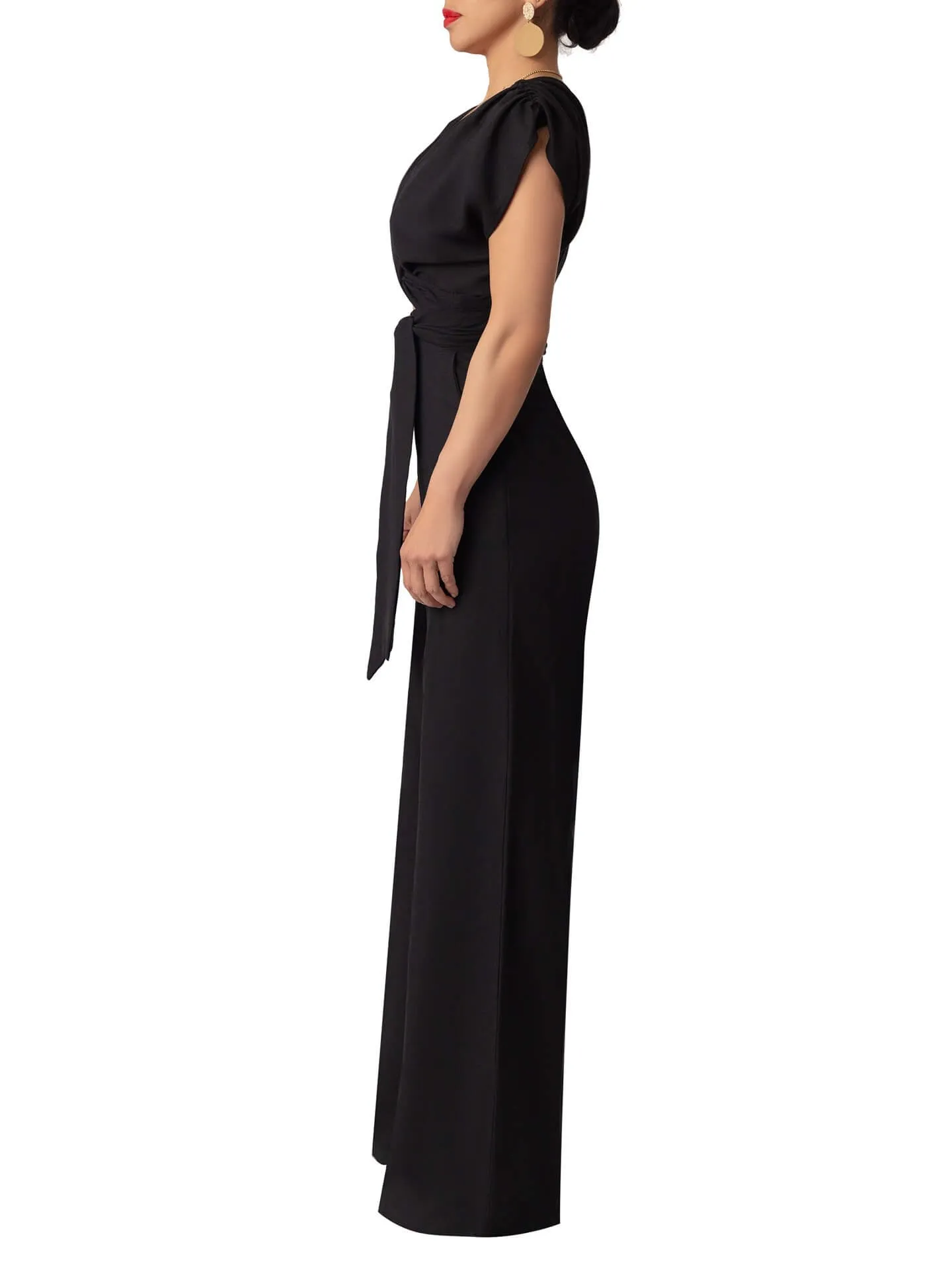 “Bọ́sẹ̀” Black Front Tie Linen Jumpsuit