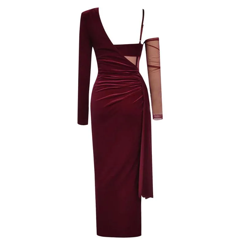 Cady Burgundy Velvet Corset Slit Prom Dress with Sleeves