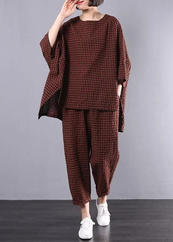 Casual Plus Size Cotton Linen red Plaid Vintage Blouse And Pants Two Pieces Set(Limited Stock)