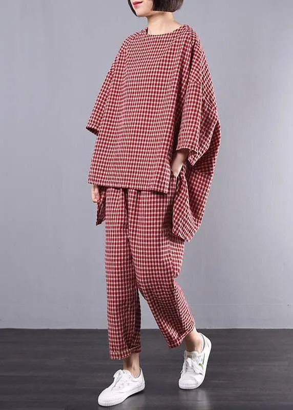 Casual Plus Size Cotton Linen red Plaid Vintage Blouse And Pants Two Pieces Set(Limited Stock)