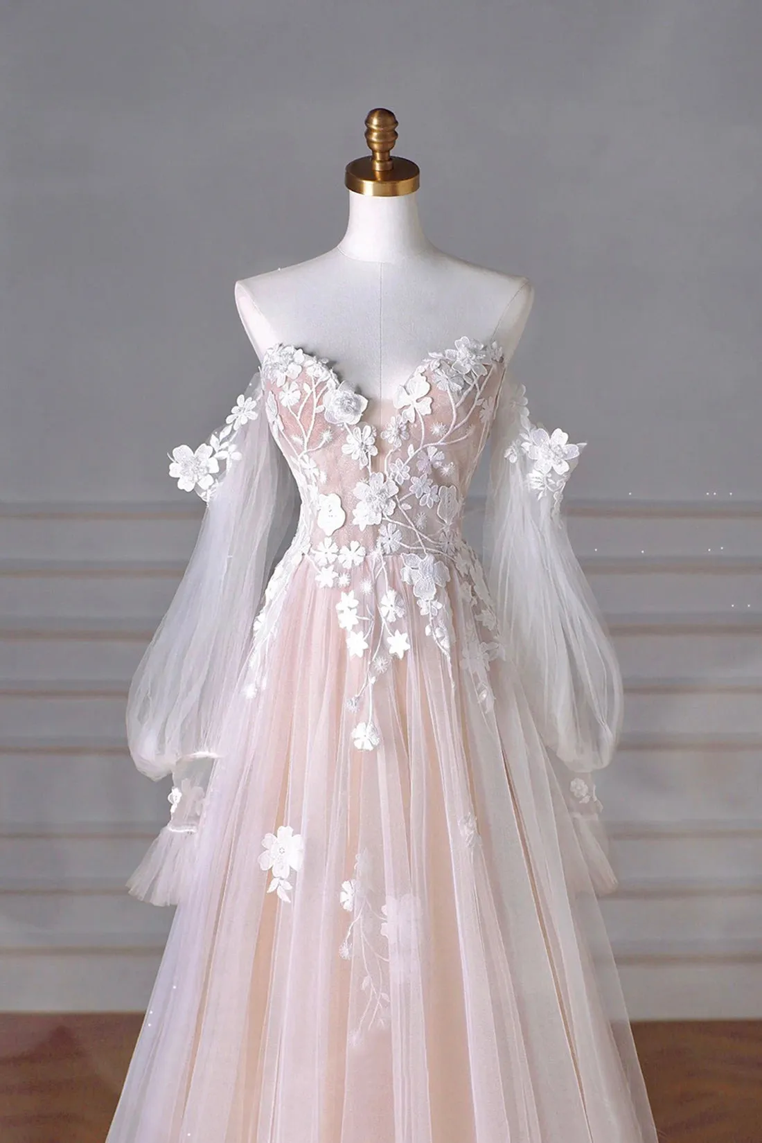 Champagne Tulle Lace Floor Length Prom Dress, Off the Shoulder Long Sleeve Evening Party Dress