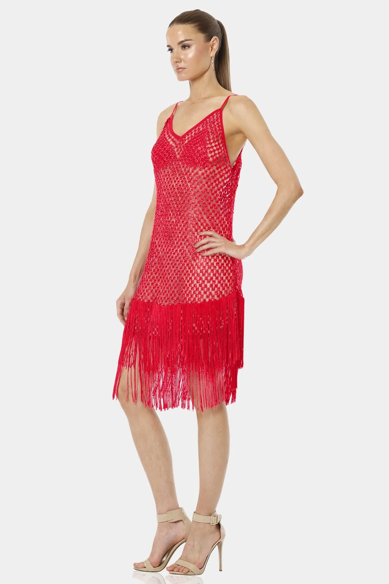 Chili Red Midi Dress With Long Fringe