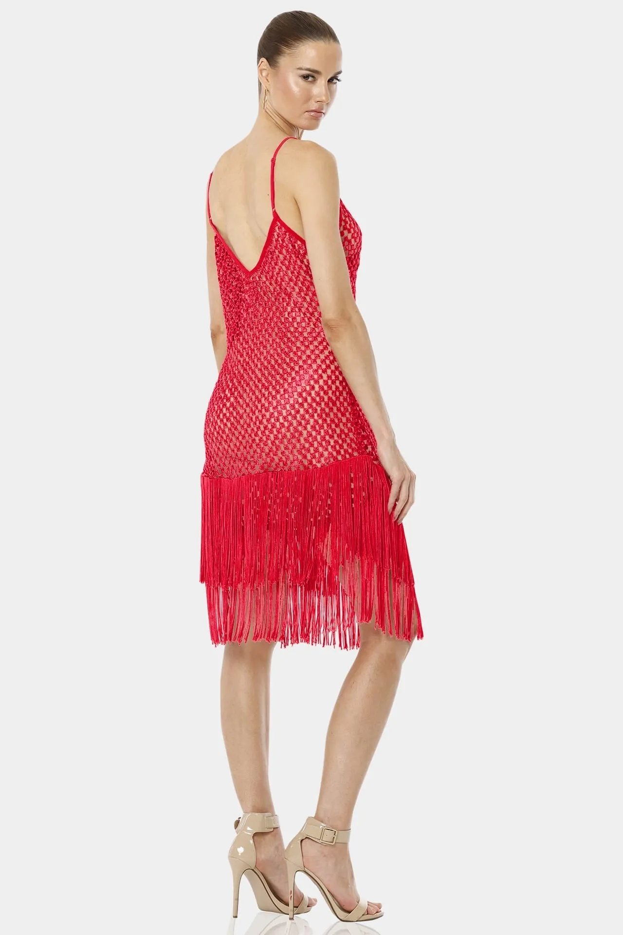 Chili Red Midi Dress With Long Fringe