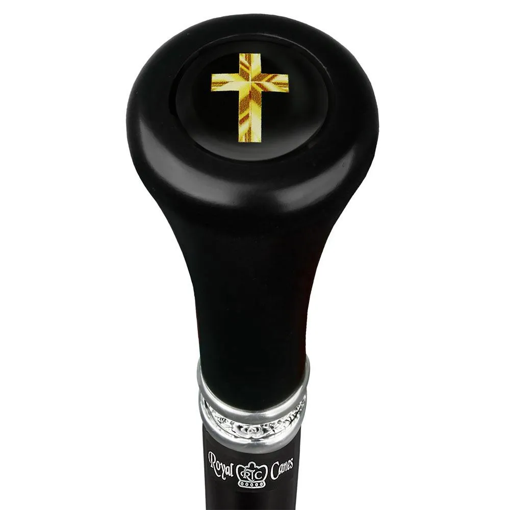 Christian Cross Symbol Top Walking Stick w/ Black Beechwood Shaft & Pewter Collar