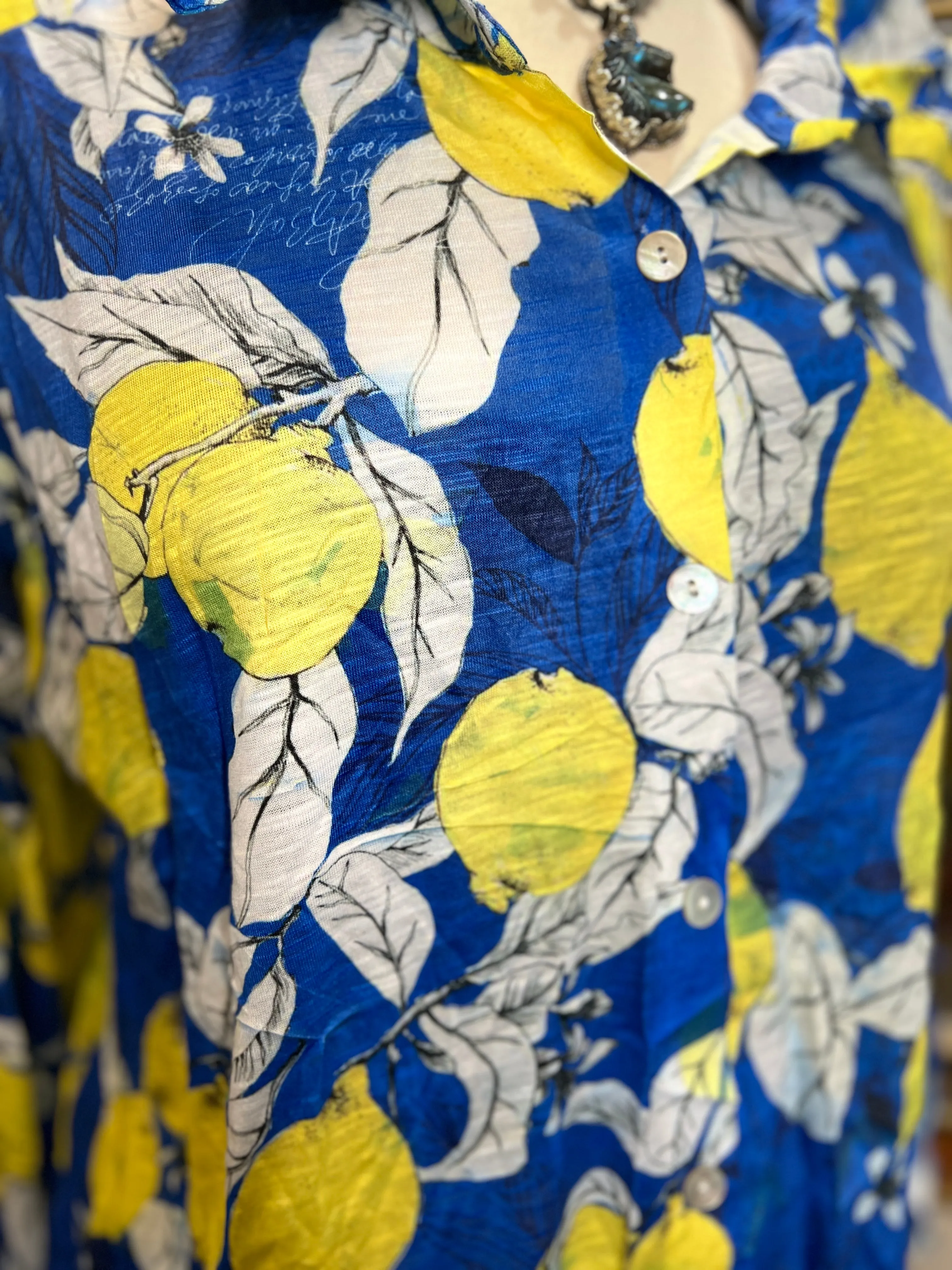 Crinkle Button Down Blouse in Lemon Tree Print by Inoah