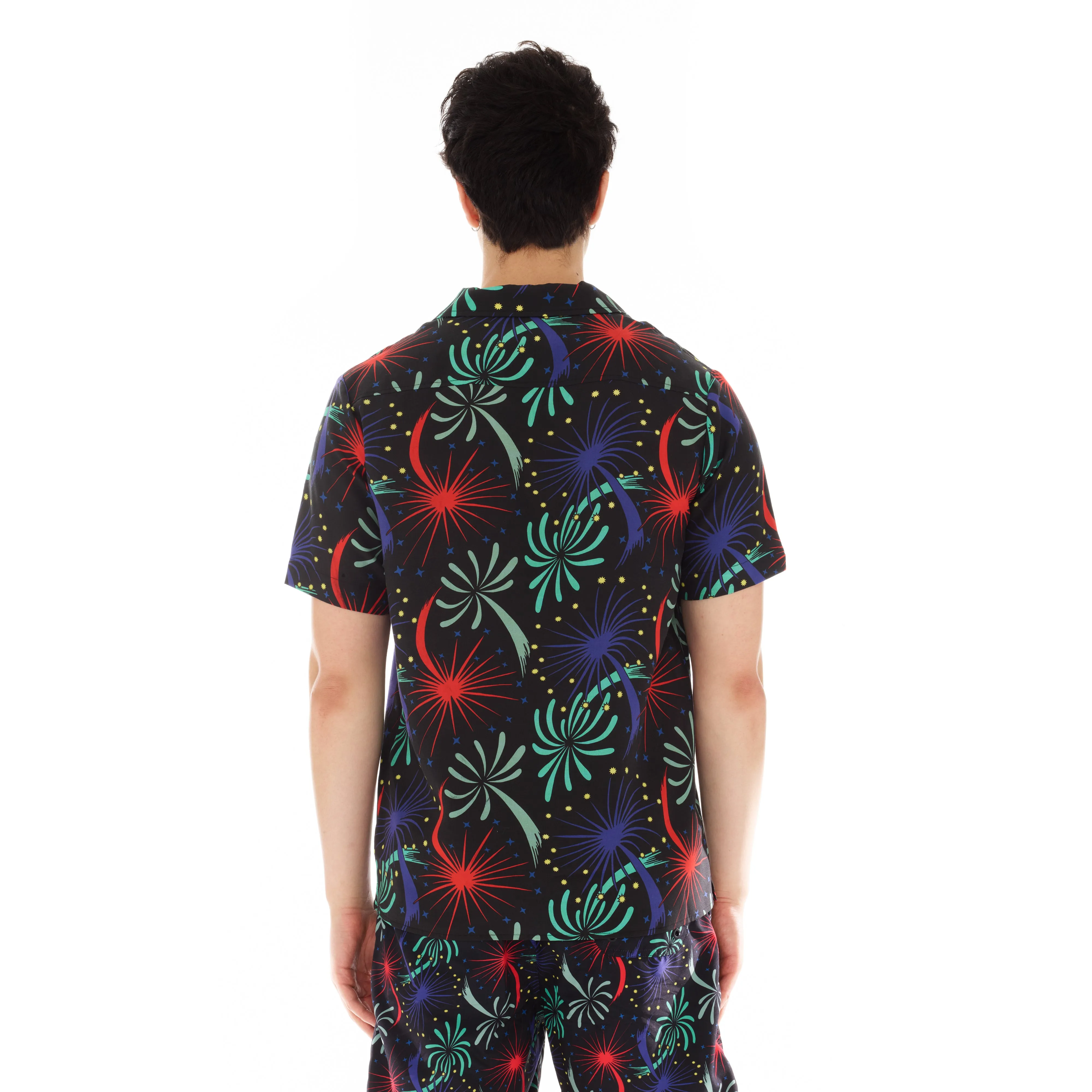 CUBAN SHORT SLEEVE WOVEN "FIREWORKS" IN BLACK