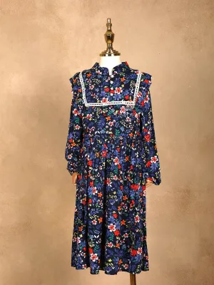 Dark Blue Cotton Frock Adorned with Flower Design Prints