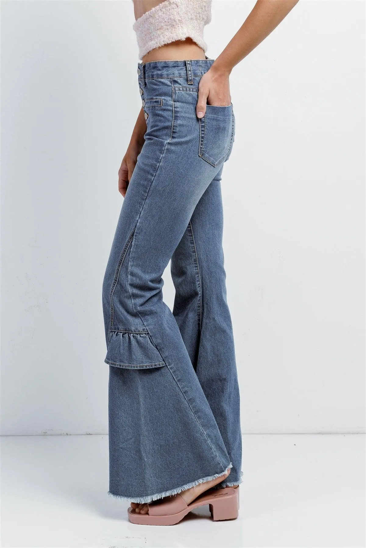 Denim High Waist Flare Raw Hem Jeans Pants /2-4-3-2-2-1