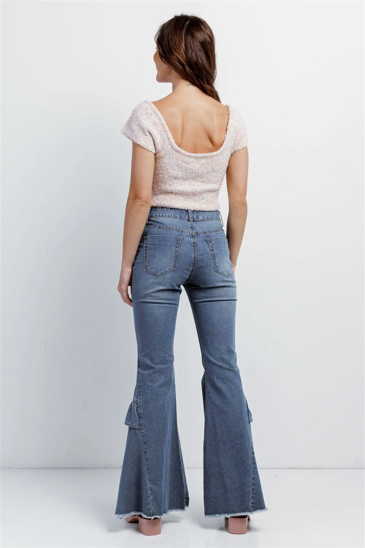 Denim High Waist Flare Raw Hem Jeans Pants /2-4-3-2-2-1