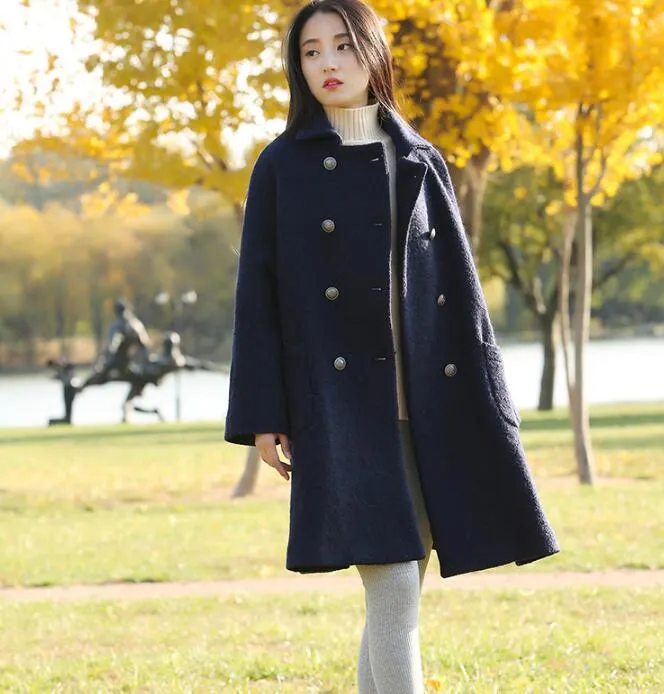 Double Breast Loose A-line Women Coat Winter Wool Coat Plus Size Coat