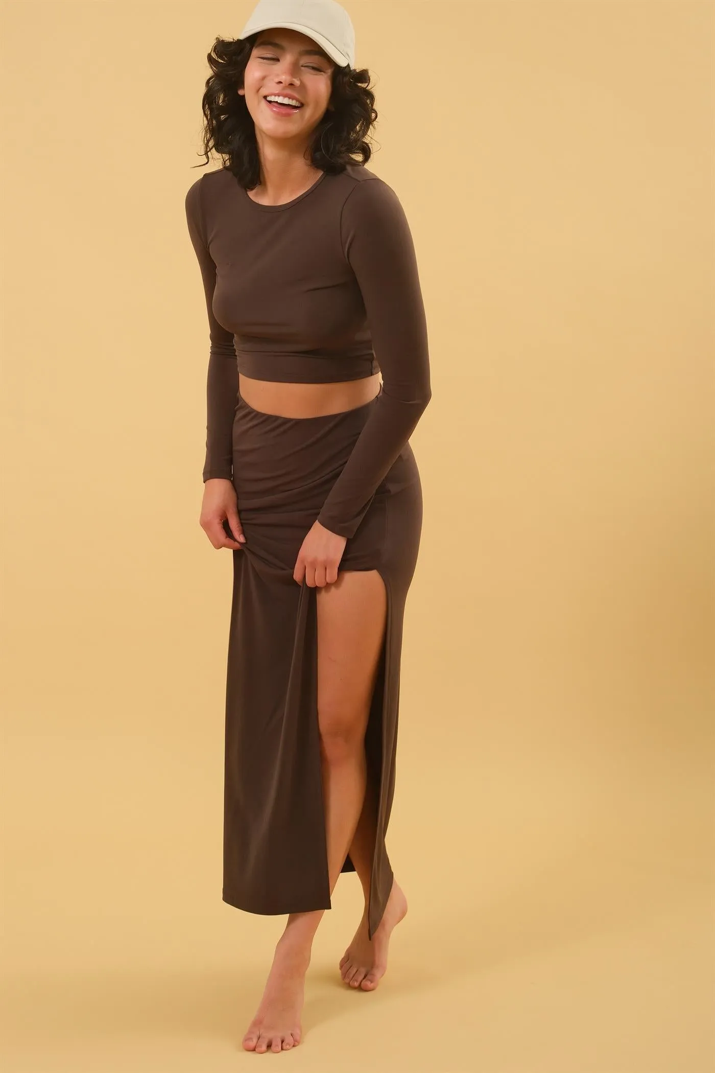 DZ24F739-SET-LONG SLEEVE CROP TOP AND SKIRT SET