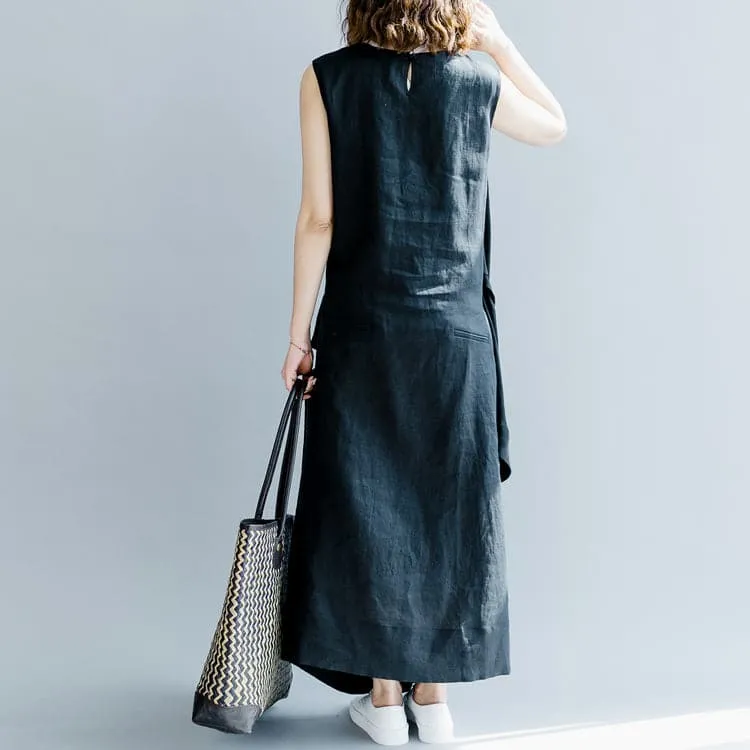 Elegant dark gray linen maxi dress oversized O neck baggy dresses linen clothing dress casual Sleeveless tie waist caftans