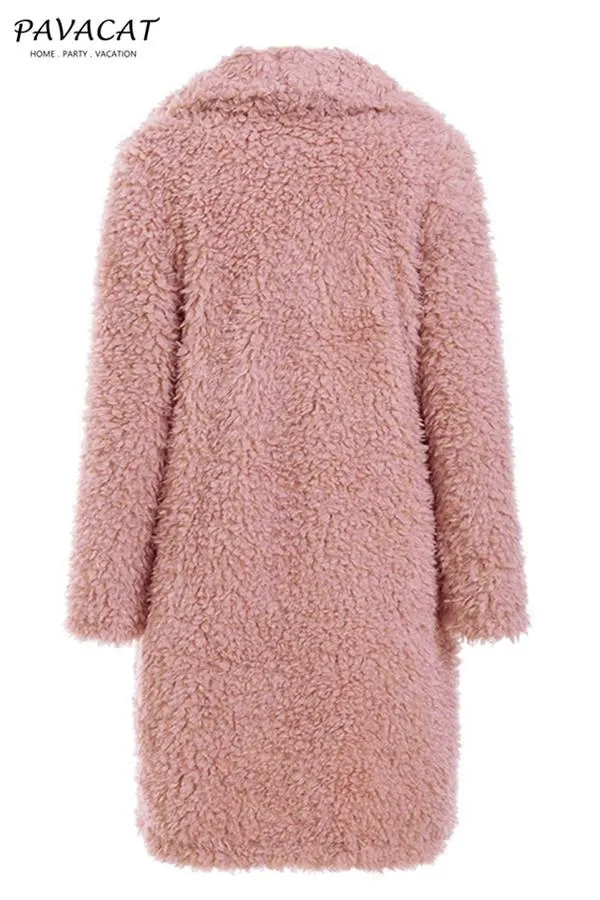 elveswallet Elegant Pink Long Faux Fur Coat