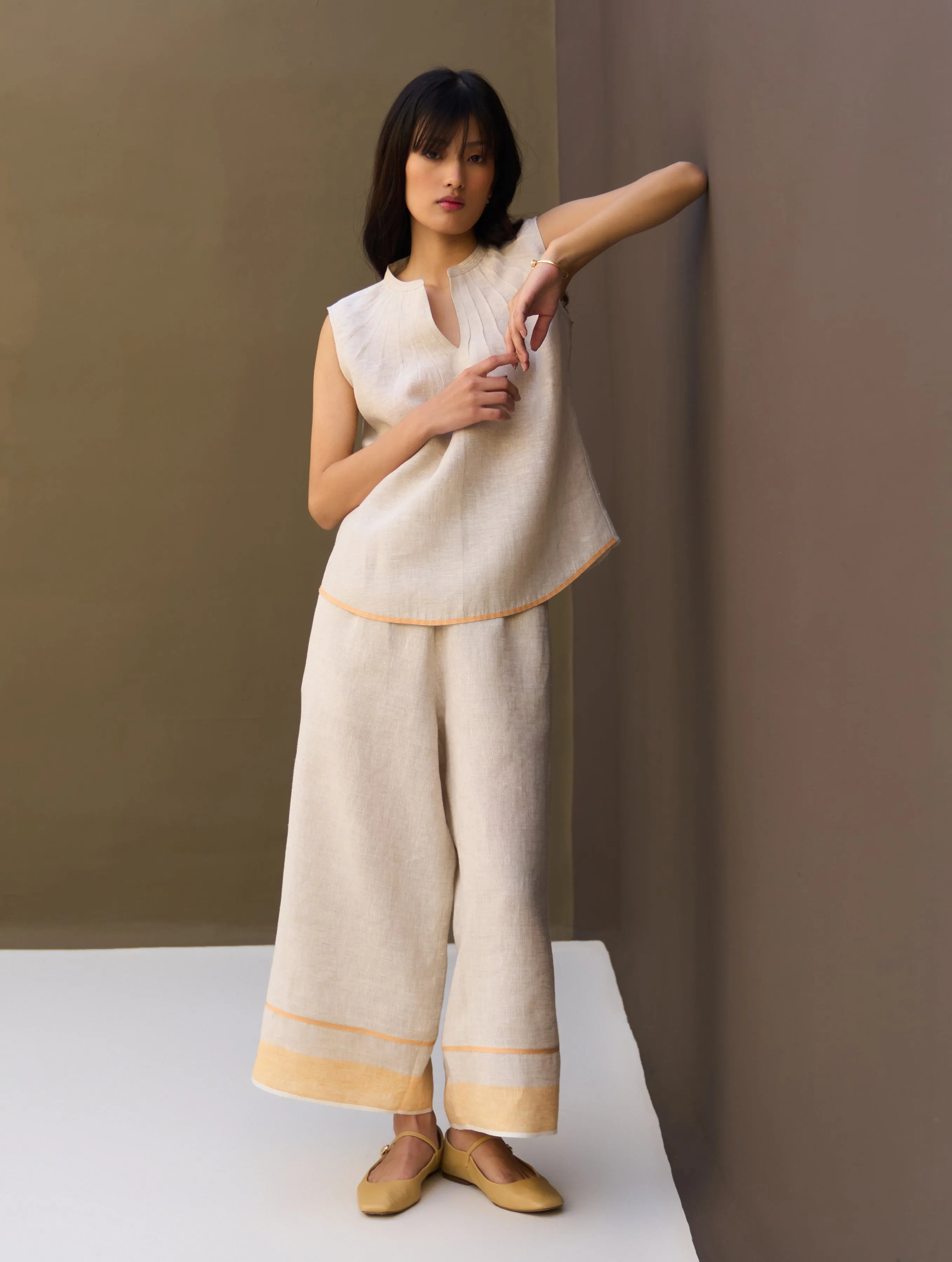 Emi Border Linen Top - Natural