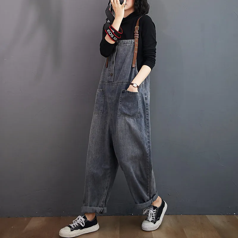 Fashion Button Jeans Harem Jumpsuit