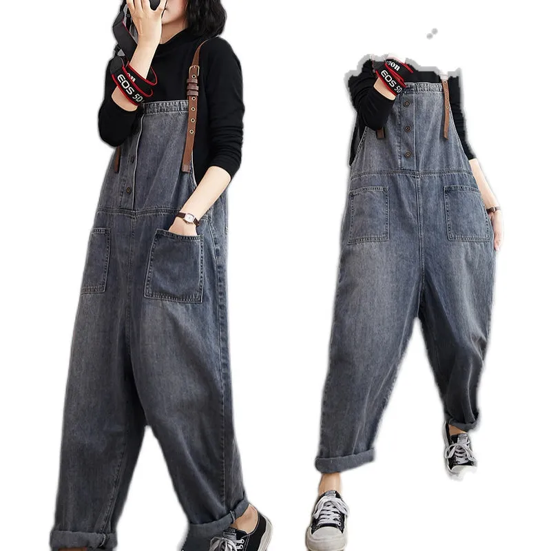 Fashion Button Jeans Harem Jumpsuit