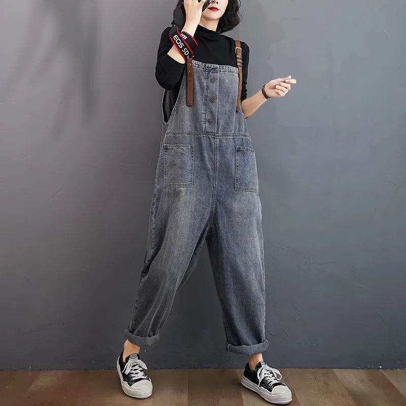 Fashion Button Jeans Harem Jumpsuit