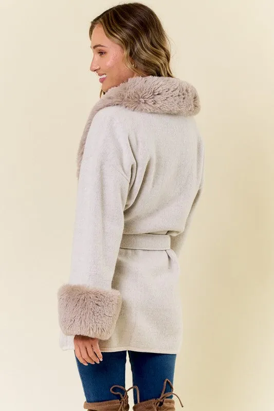 Faux Fur Trimmed Hood and Sleeve Jacket