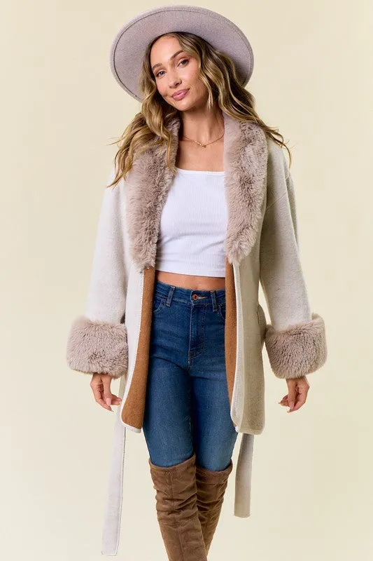 Faux Fur Trimmed Hood and Sleeve Jacket