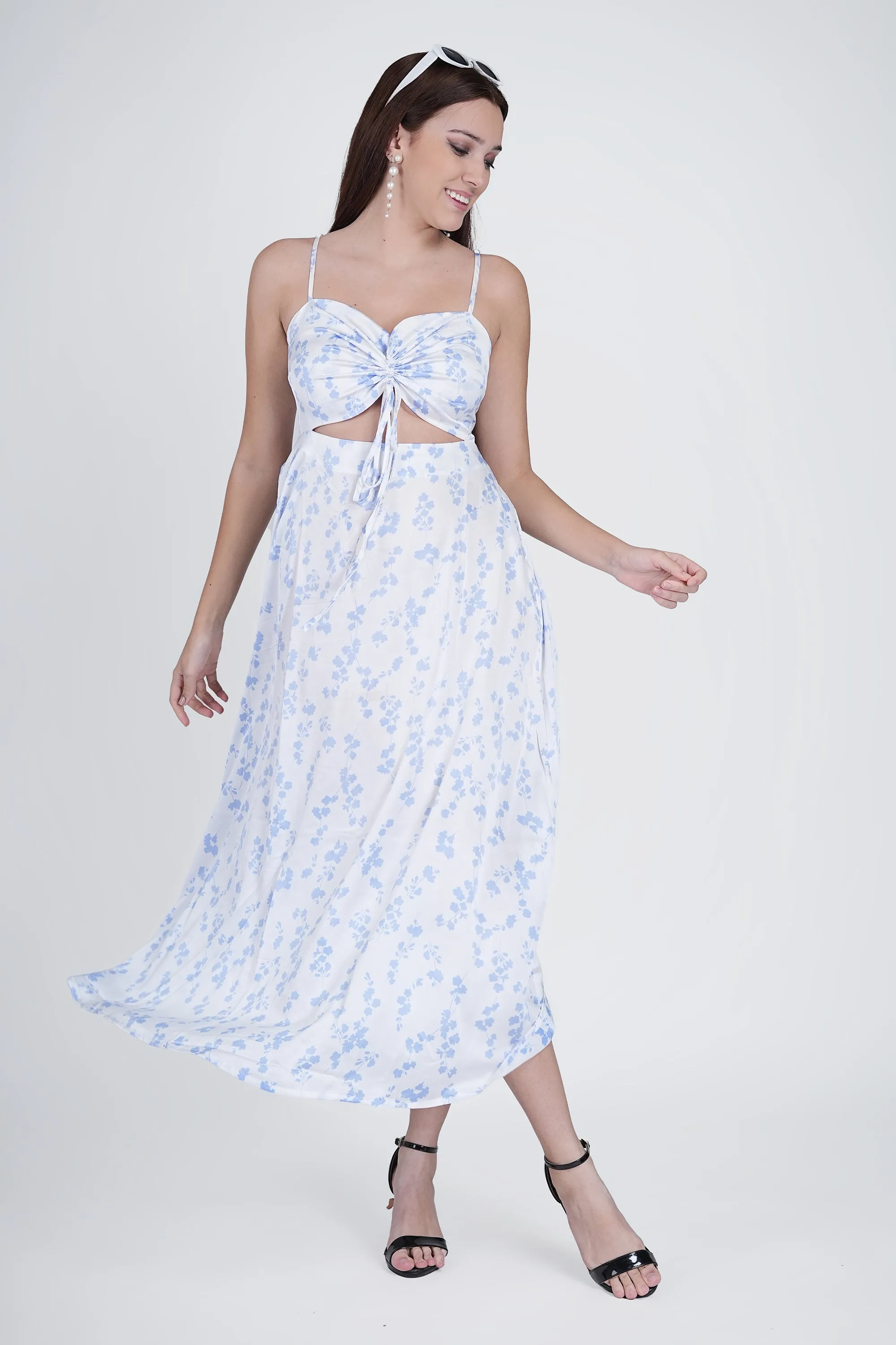 Flawless Cutout Satin Dress - Blue and White