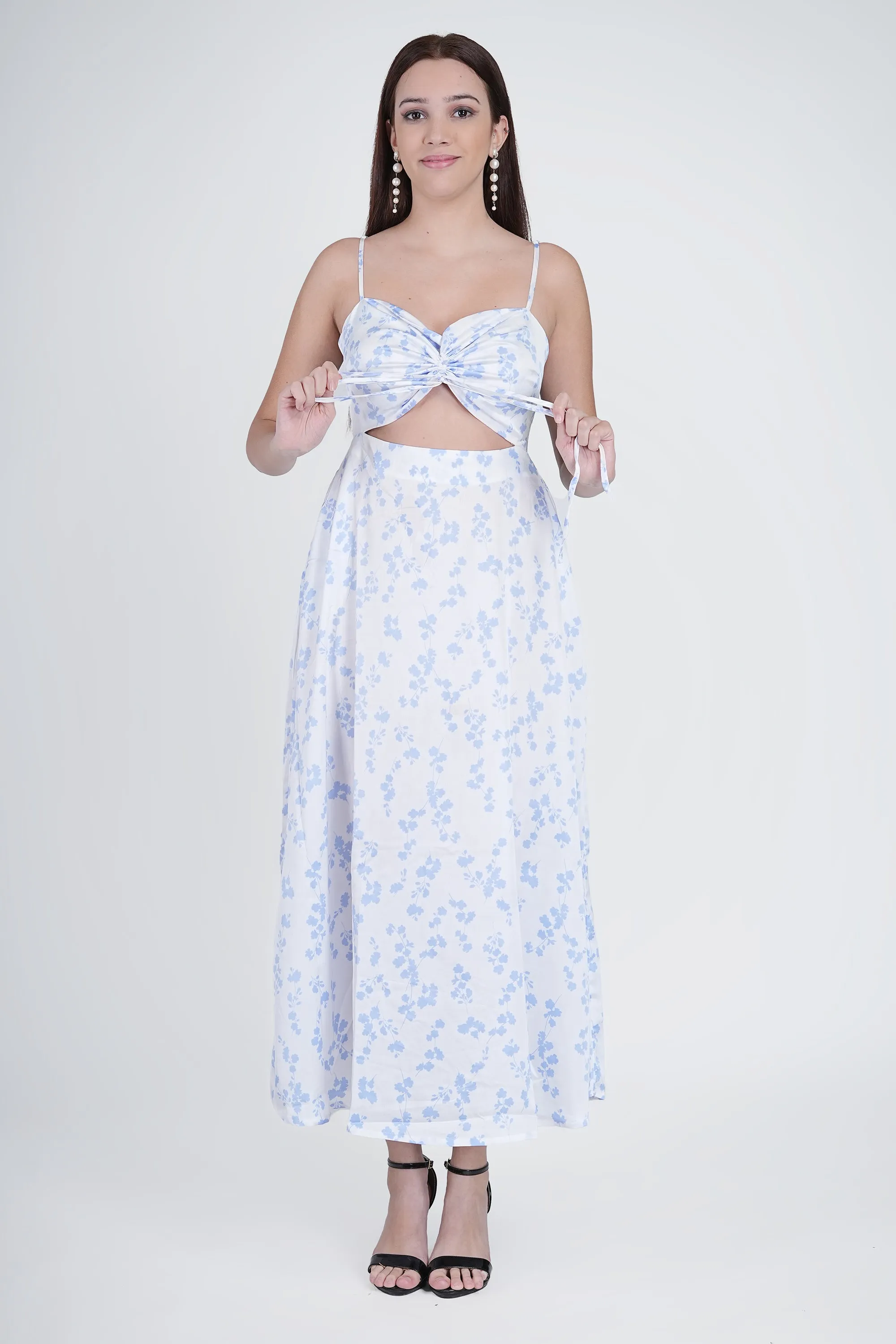 Flawless Cutout Satin Dress - Blue and White