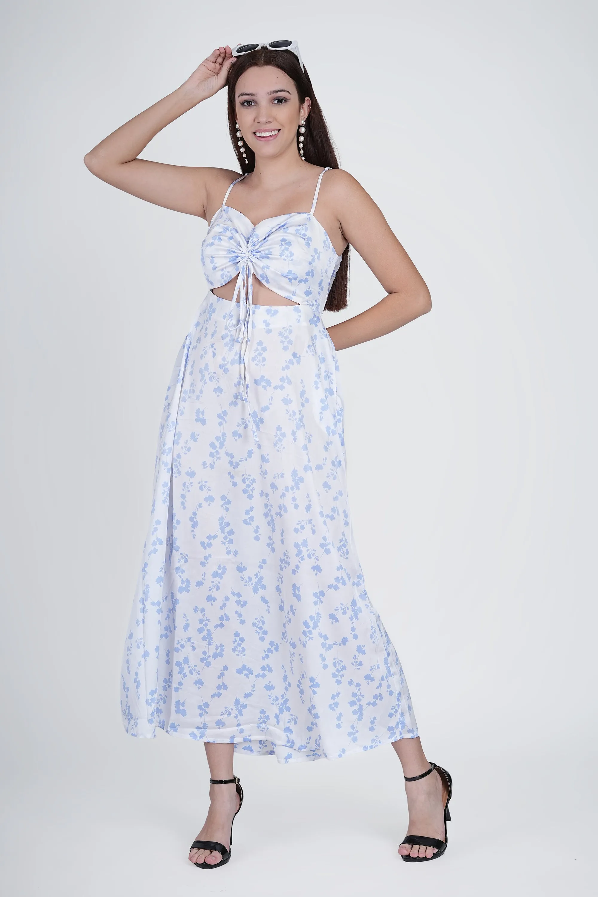 Flawless Cutout Satin Dress - Blue and White