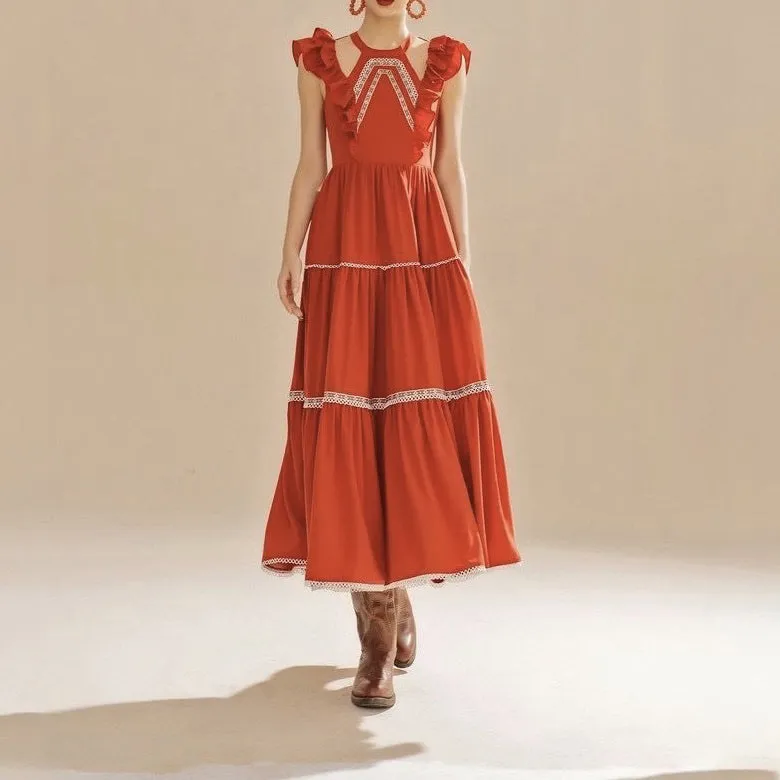 Frilled Cotton Cut Out Lace Spliced Midi Casual Bohemian Holiday Dress