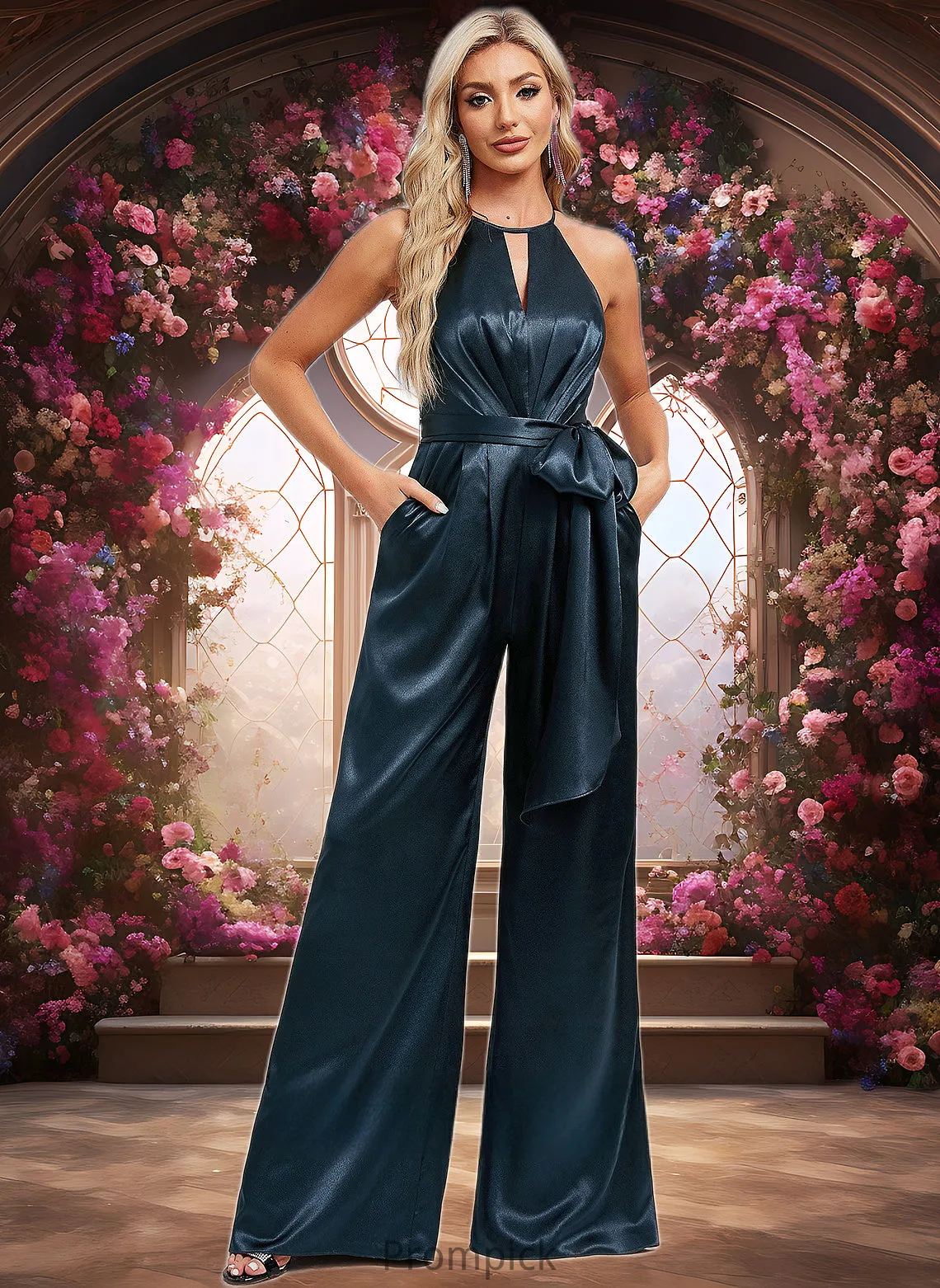 Gia Jumpsuit/Pantsuit Halter Floor-Length Stretch Satin Bridesmaid Dress HHP0025805