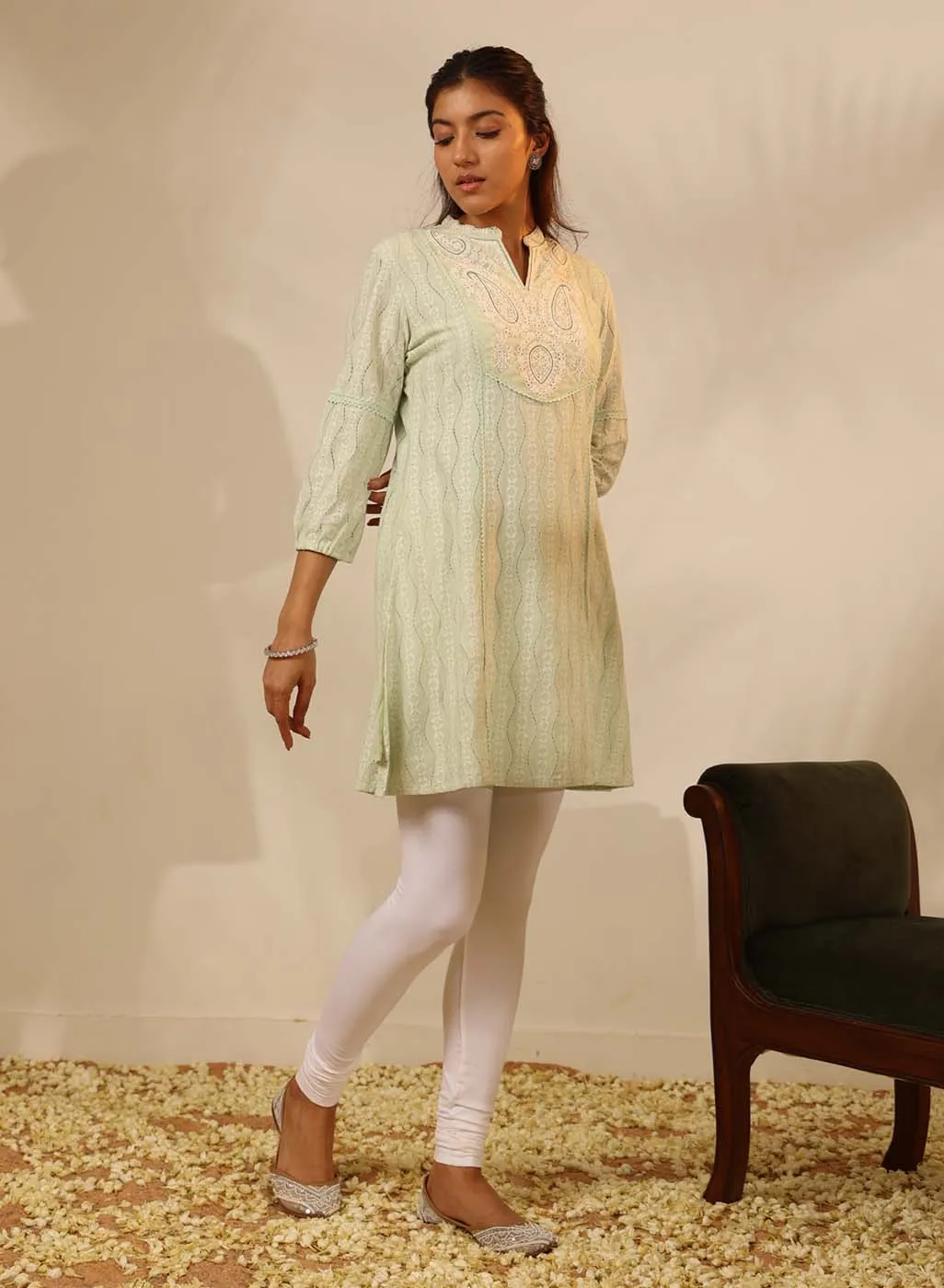 Green Raschel Net Embroidered Kurti for Women