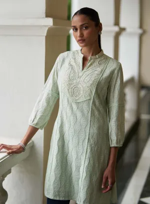 Green Raschel Net Embroidered Kurti for Women