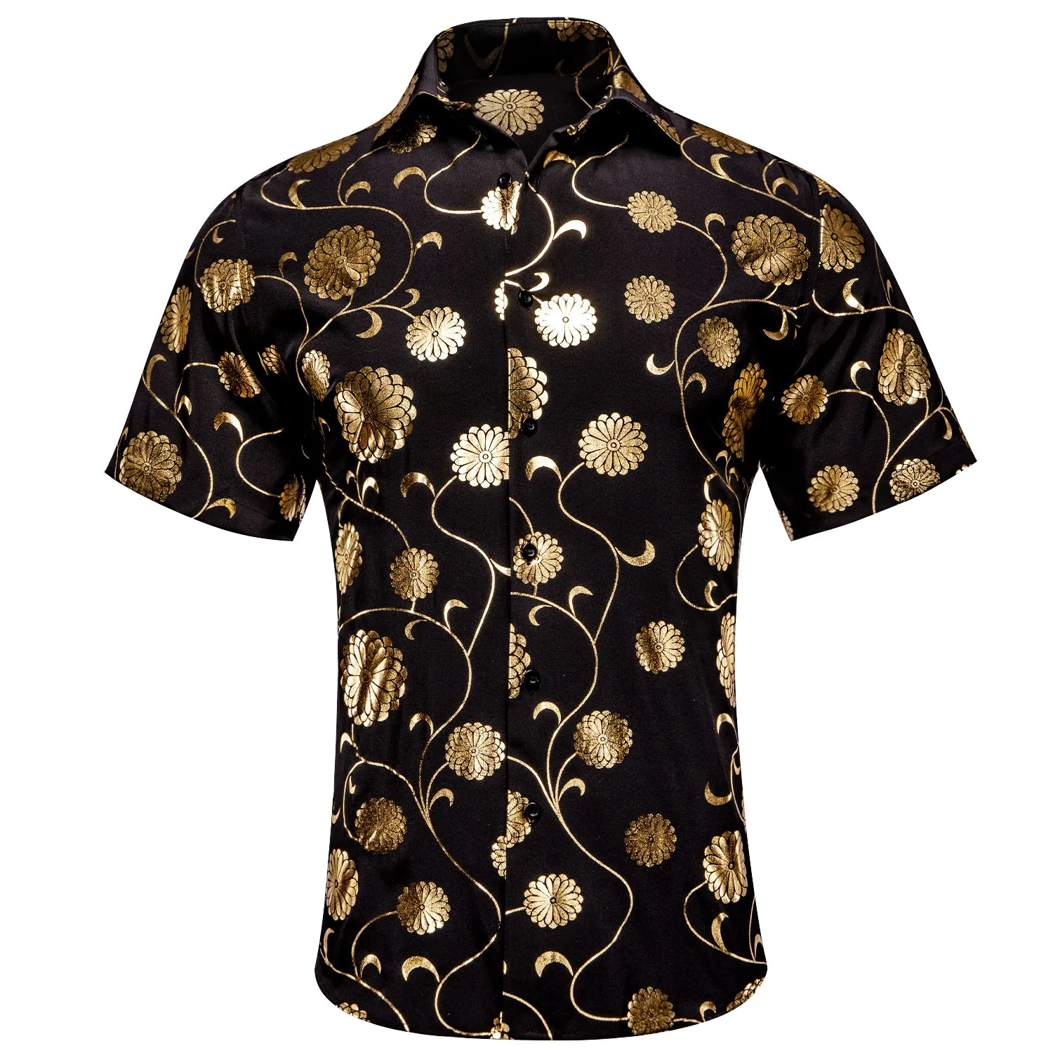 Hi-Tie Black Men's Top Champagne Flower Pattern  Short Sleeve Shirt