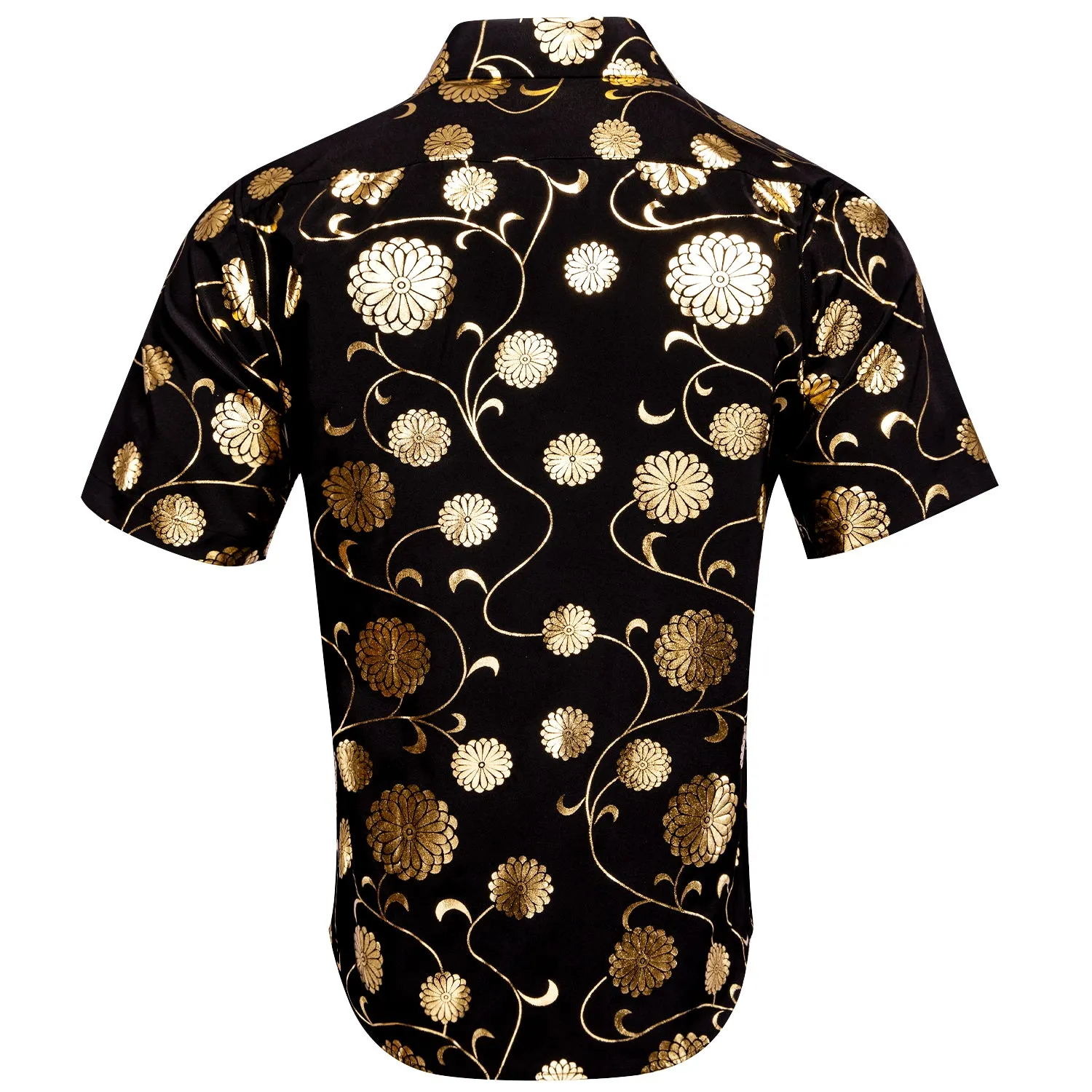 Hi-Tie Black Men's Top Champagne Flower Pattern  Short Sleeve Shirt