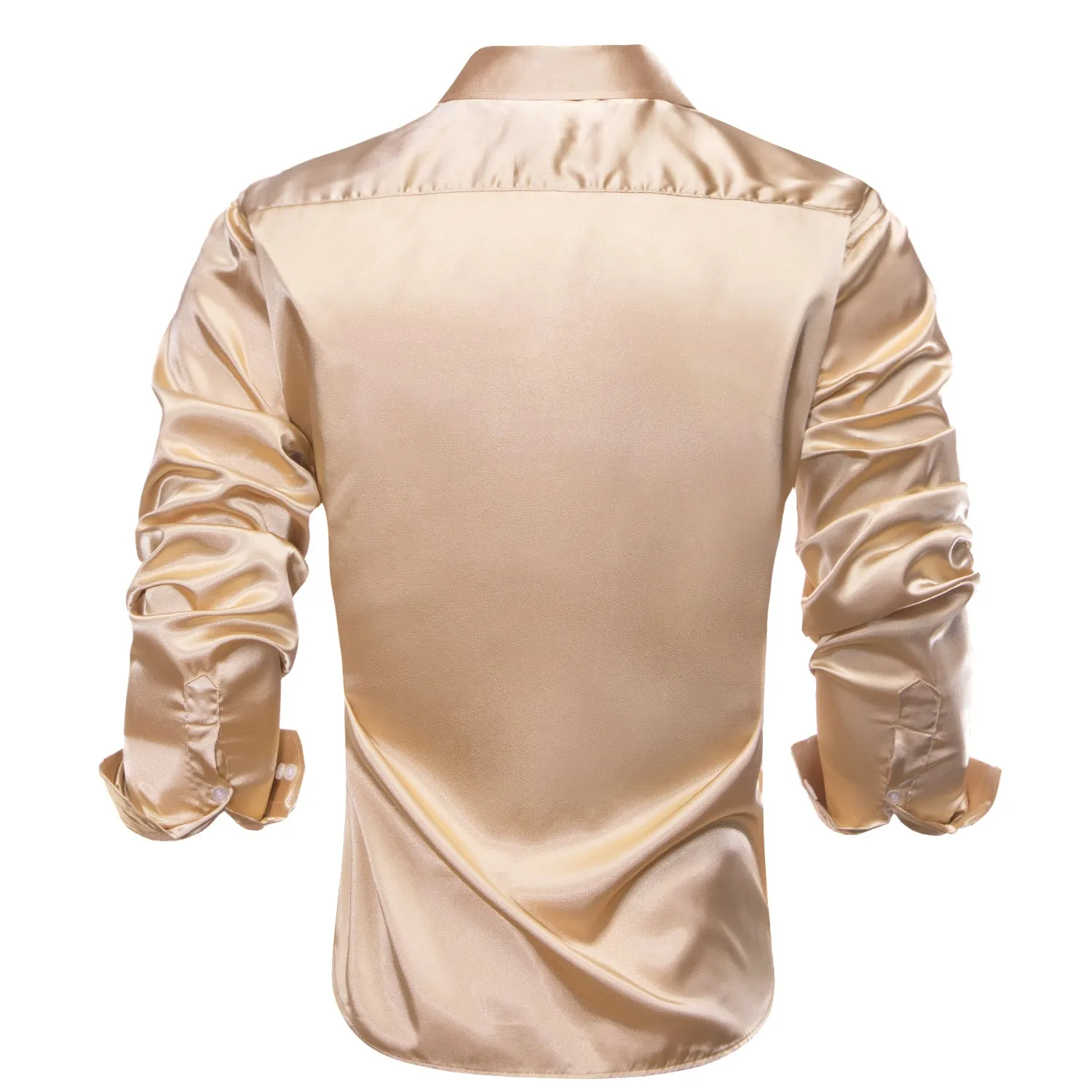 Hi-Tie Champagne Shirt Solid Satin Mens Long Sleeve Dress Shirt Formal