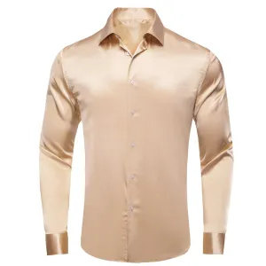 Hi-Tie Champagne Shirt Solid Satin Mens Long Sleeve Dress Shirt Formal