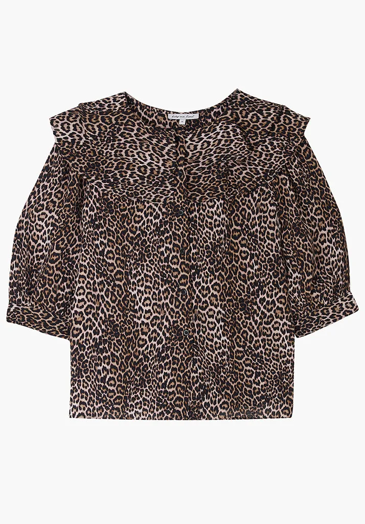 Keira Split Collar Big Cat Print Blouse In Brown