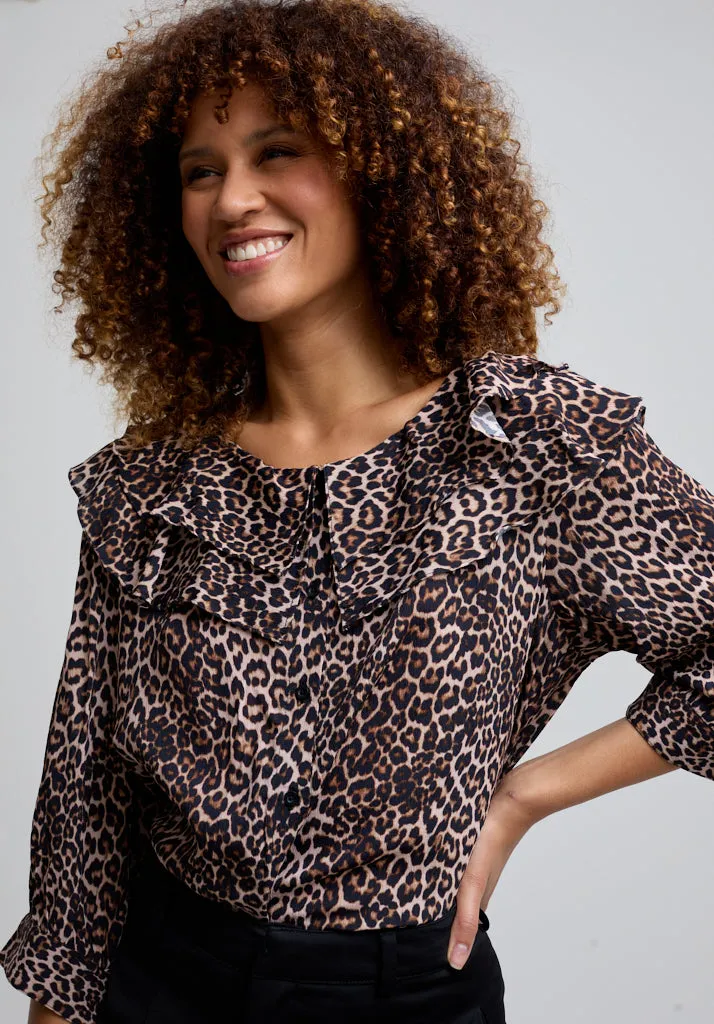 Keira Split Collar Big Cat Print Blouse In Brown