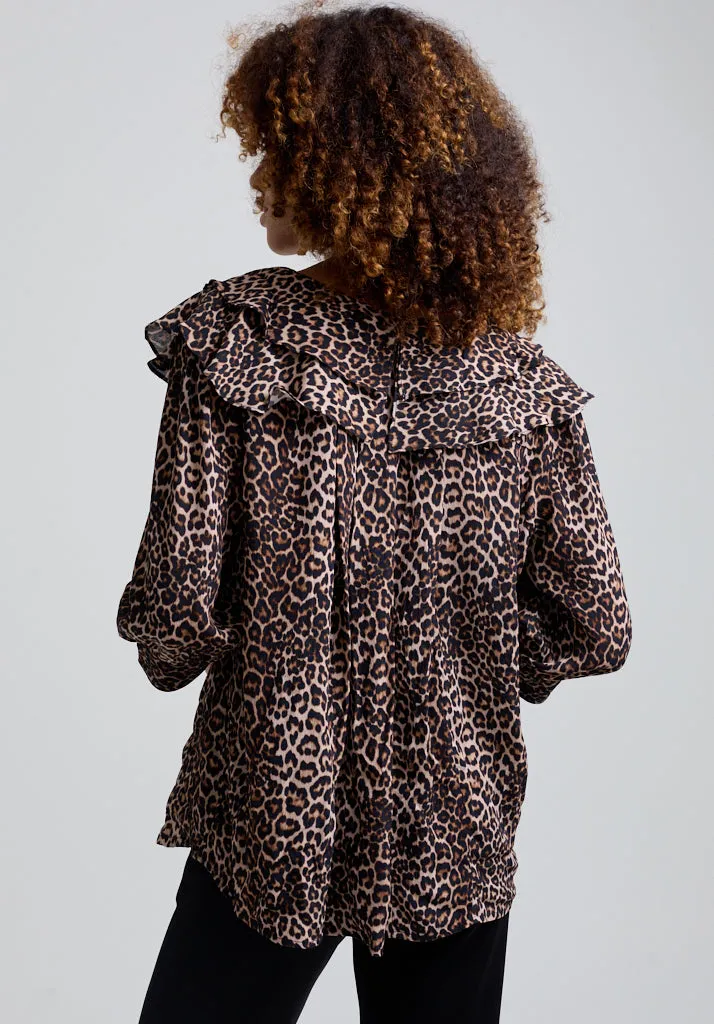 Keira Split Collar Big Cat Print Blouse In Brown