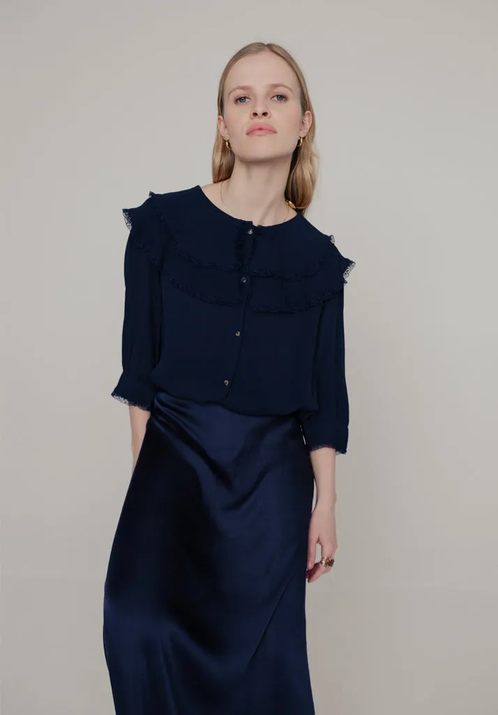 Keira Split Collar Blouse In Navy