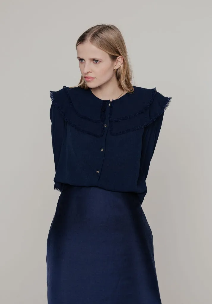 Keira Split Collar Blouse In Navy