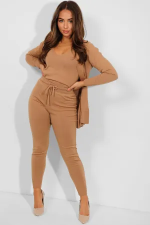 KNIT CARDIGAN TOP & LEGGINGS 3 PIECE CAMEL LOUNGE SET