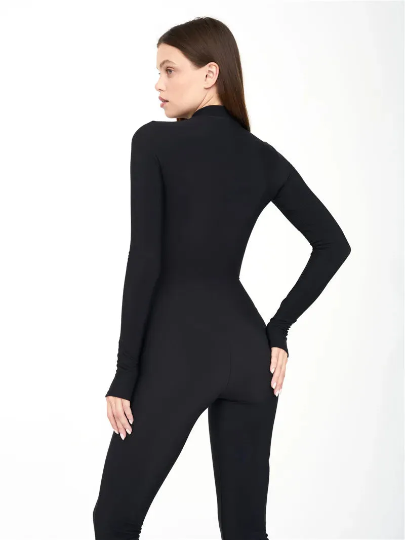 Ladies Long Sleeve Jumpsuit zipper round neck Sporty Romper  Playsuit