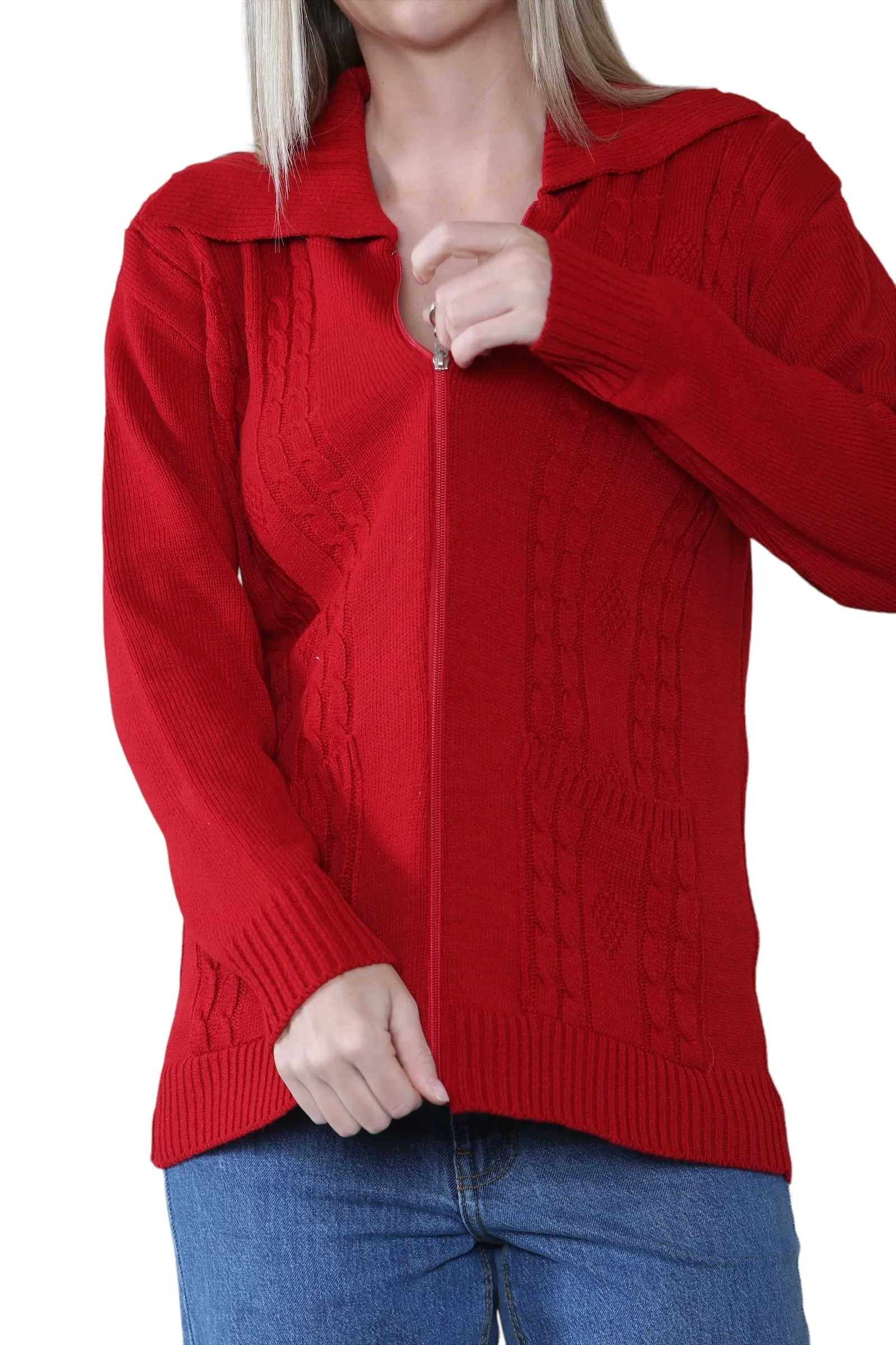 Ladies Plus Size Zip Cardigan Women Zipped Cable Knit Long Sleeve Pocket Jumper