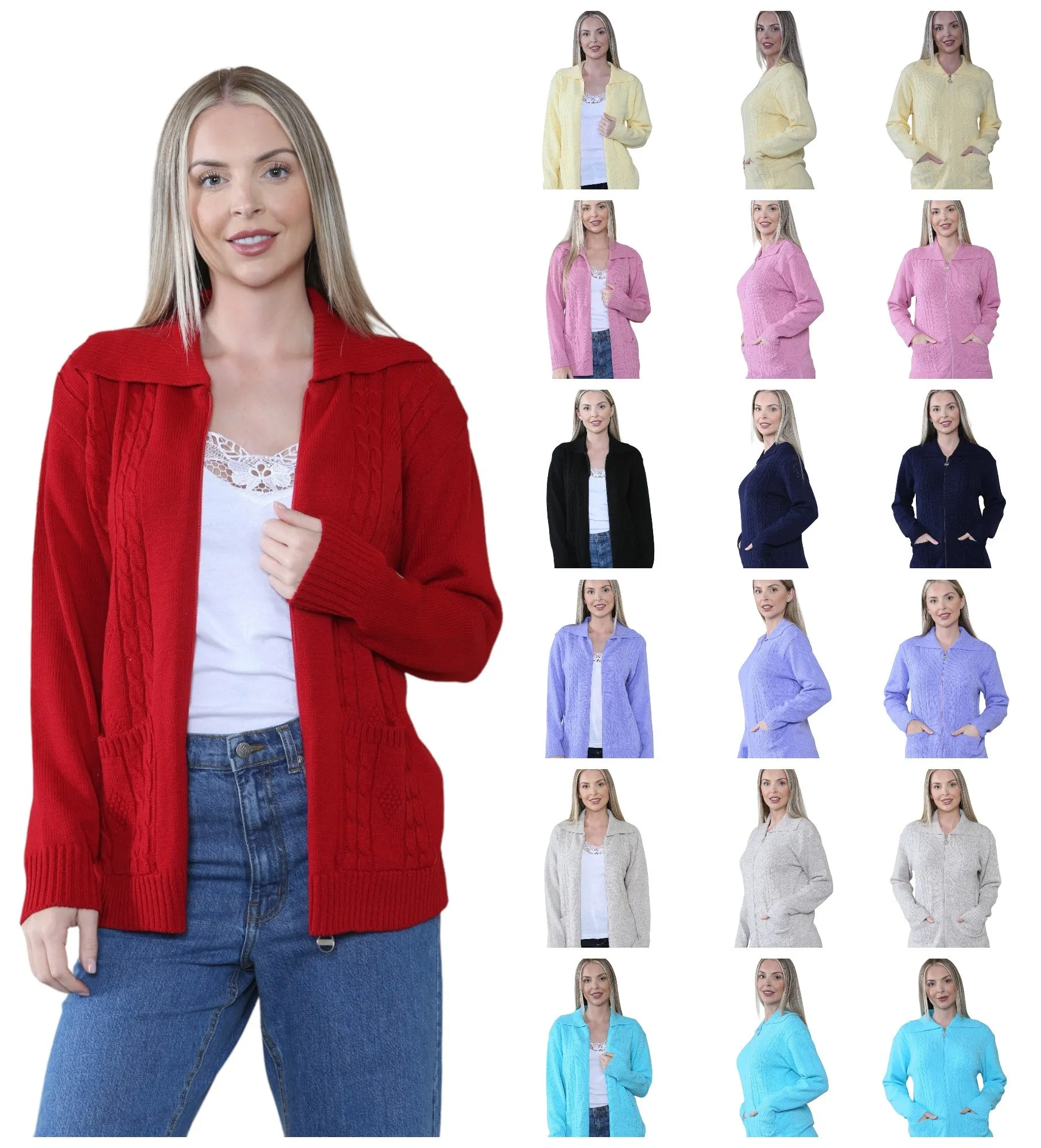 Ladies Plus Size Zip Cardigan Women Zipped Cable Knit Long Sleeve Pocket Jumper