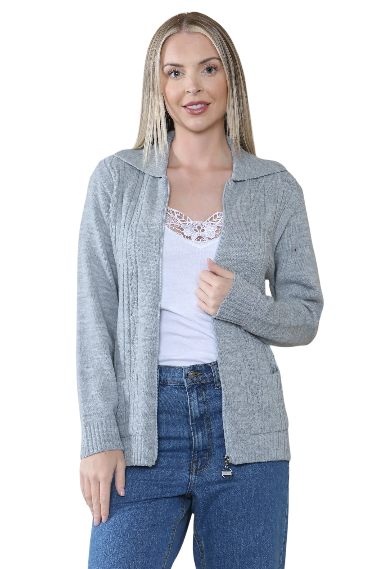 Ladies Plus Size Zip Cardigan Women Zipped Cable Knit Long Sleeve Pocket Jumper