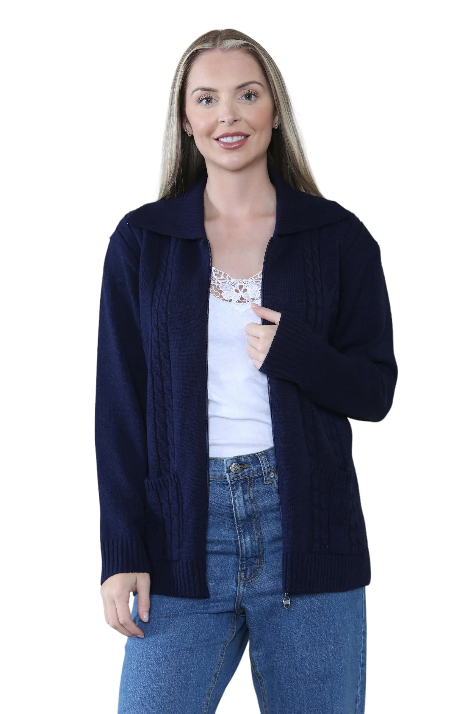 Ladies Plus Size Zip Cardigan Women Zipped Cable Knit Long Sleeve Pocket Jumper