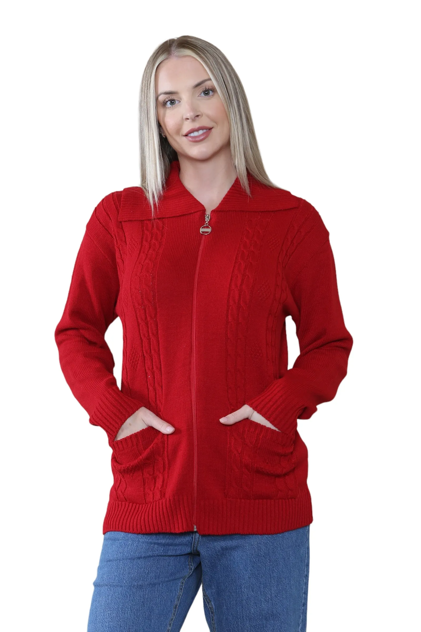 Ladies Plus Size Zip Cardigan Women Zipped Cable Knit Long Sleeve Pocket Jumper