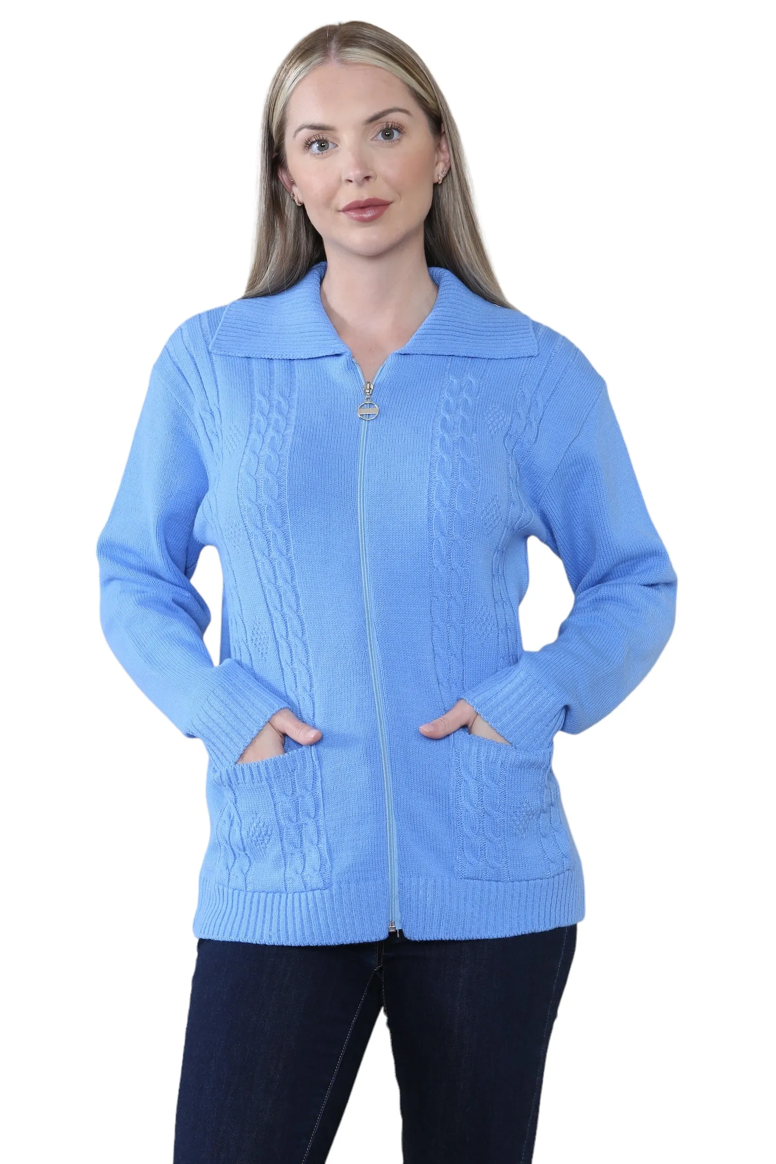 Ladies Plus Size Zip Cardigan Women Zipped Cable Knit Long Sleeve Pocket Jumper