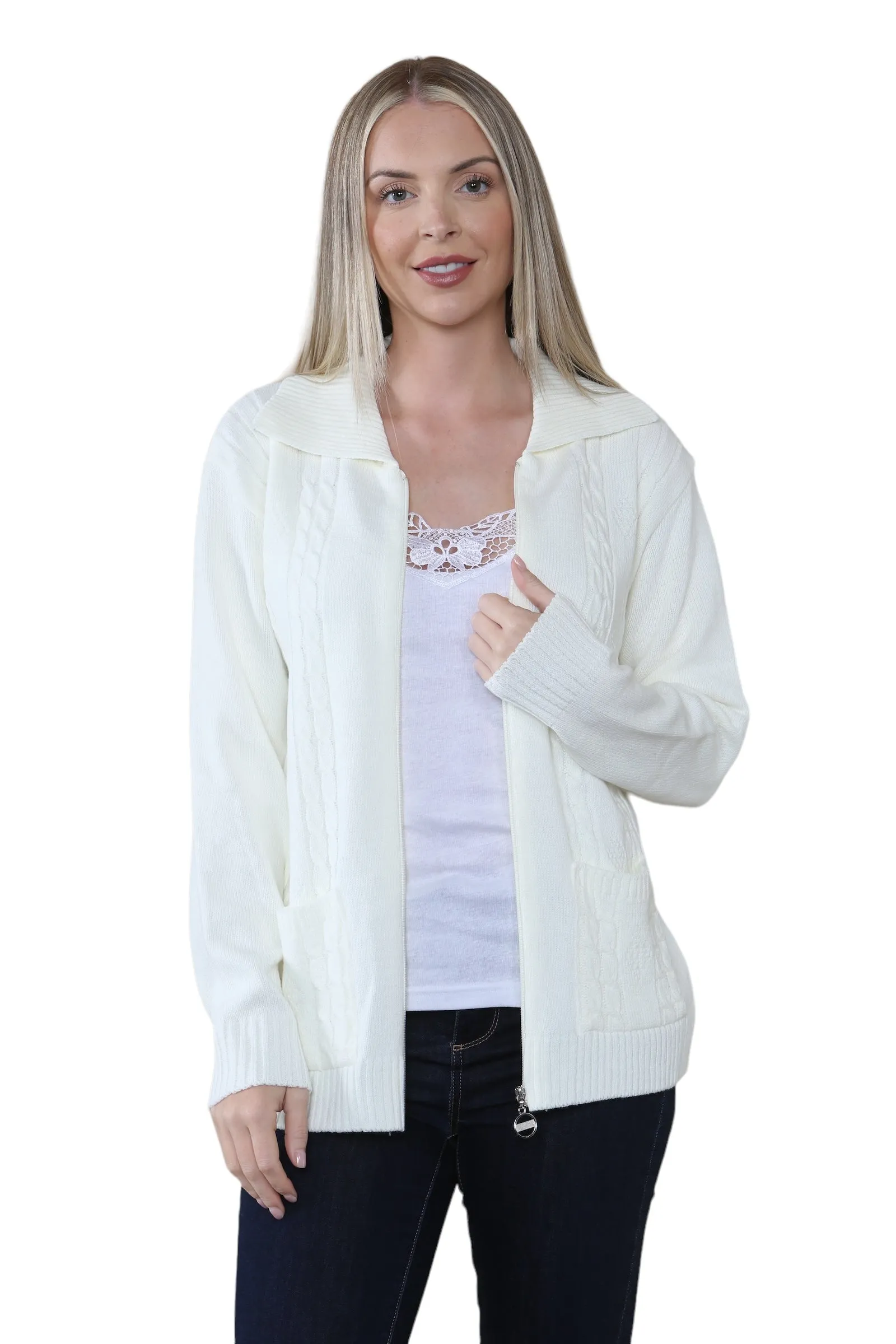 Ladies Plus Size Zip Cardigan Women Zipped Cable Knit Long Sleeve Pocket Jumper