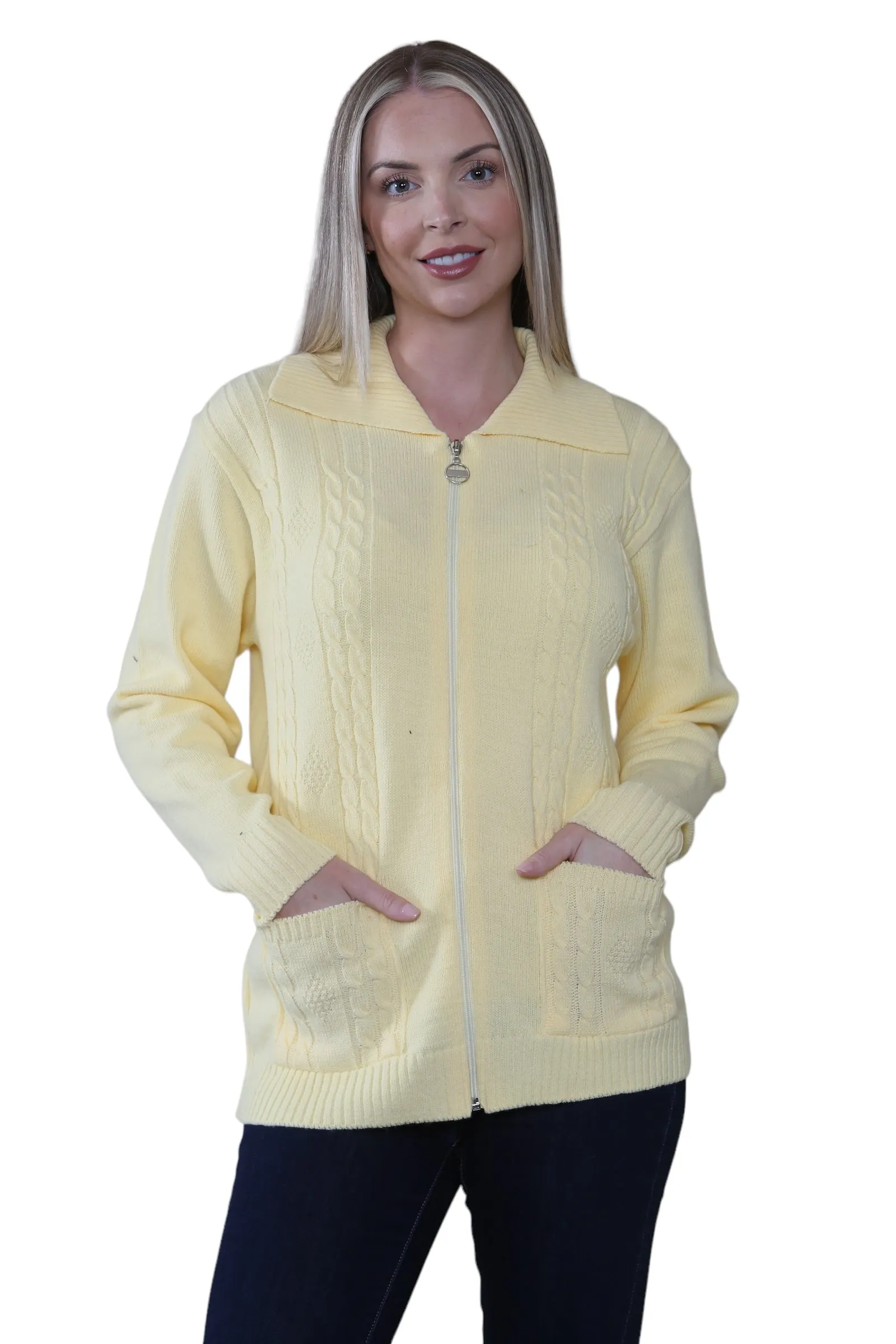 Ladies Plus Size Zip Cardigan Women Zipped Cable Knit Long Sleeve Pocket Jumper